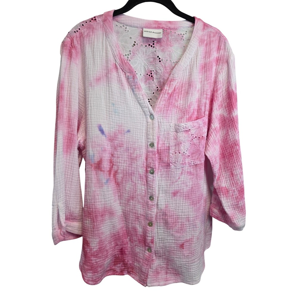 Pink Tie Dye Gauze Eyelet Lace Back Button Front Top Womens XL